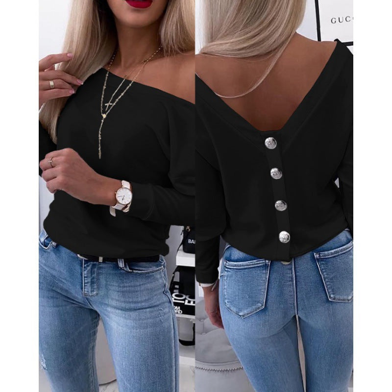 Autumn Long-Sleeved Back Button Solid Color V-Neck Shirt Top 6