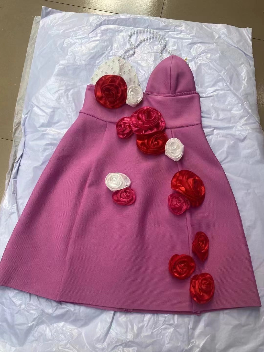 Pearl Strap Flower Sexy Short Bandage Sexy Dress 16