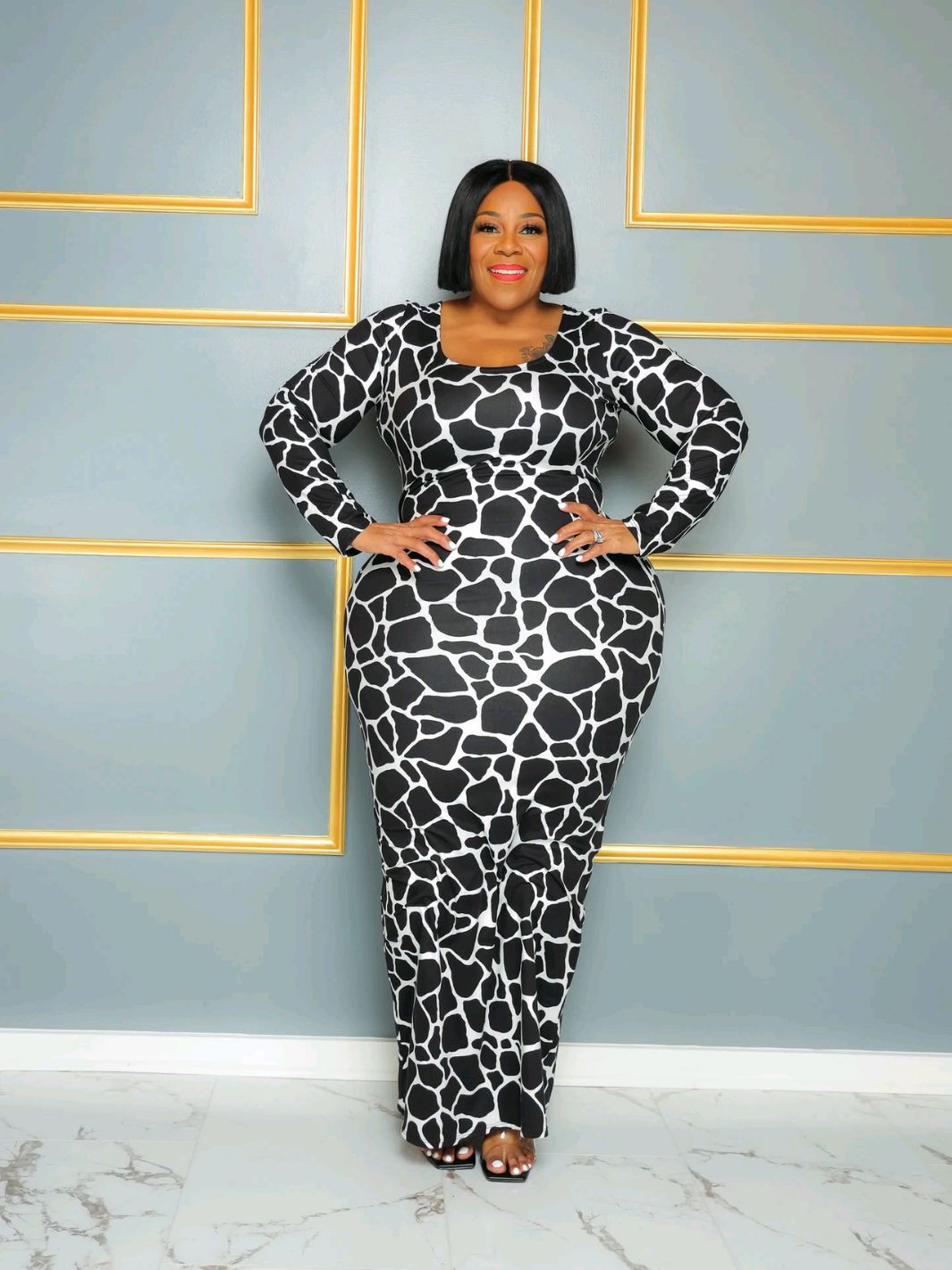 Plus Size Long Sleeve Print Bodycon Plus Size Dress