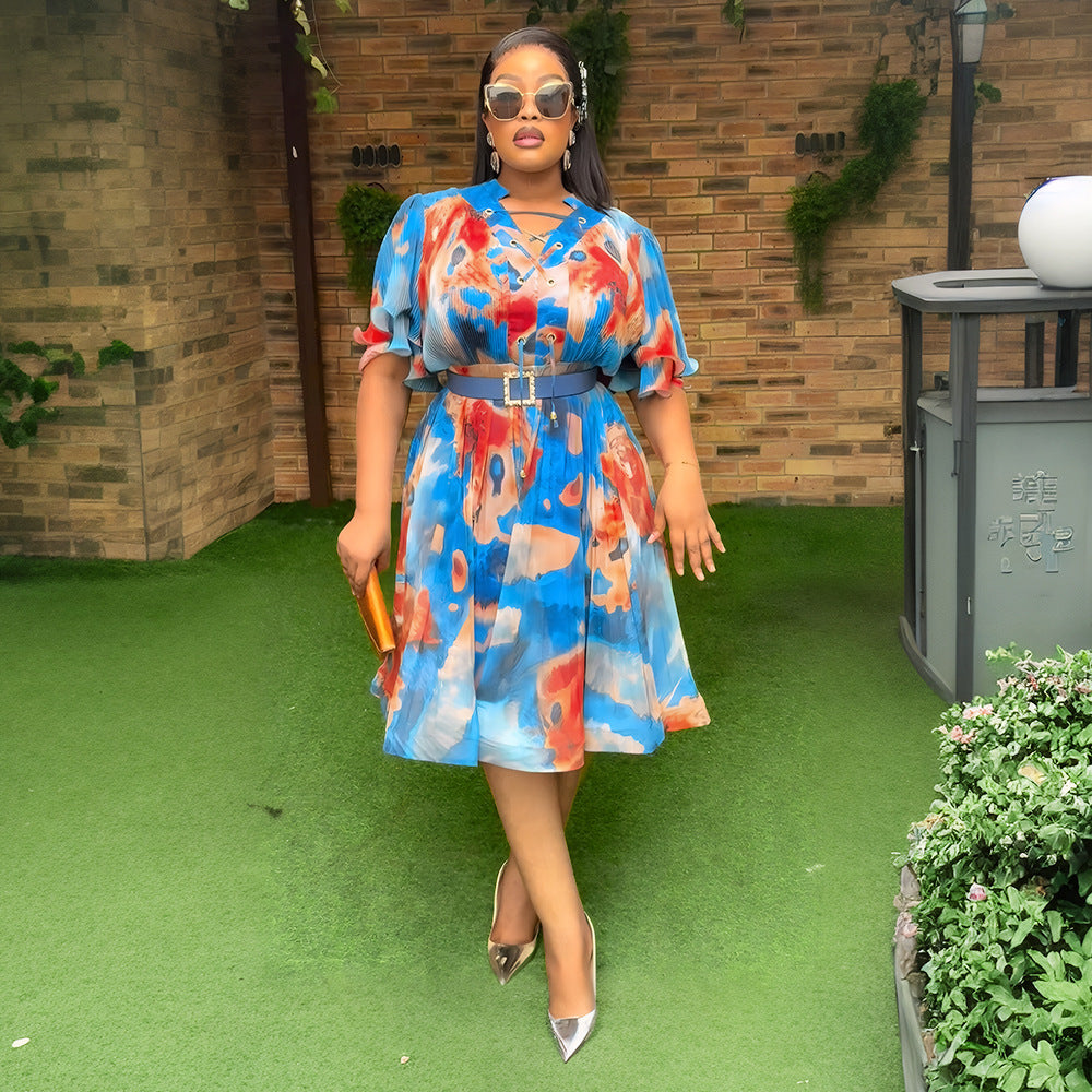 Plus Size African Women V-neck Print Dress