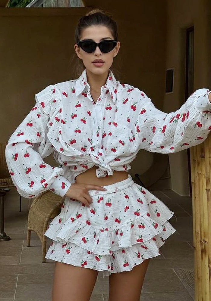 Women's Spring Ruffle Loose Shirt Cardigan Shorts Two-Piece Set