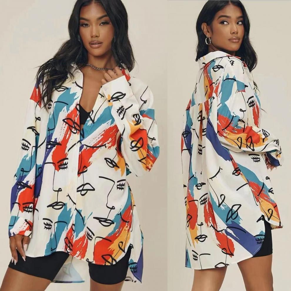 Fashionable printed long sleeve tops loose casual women's shirts 3