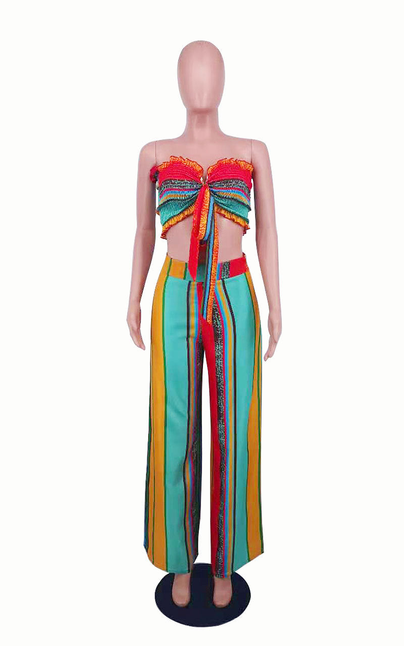 Women Summer Colorful Striped Two-Piece Top and Pant Set 5