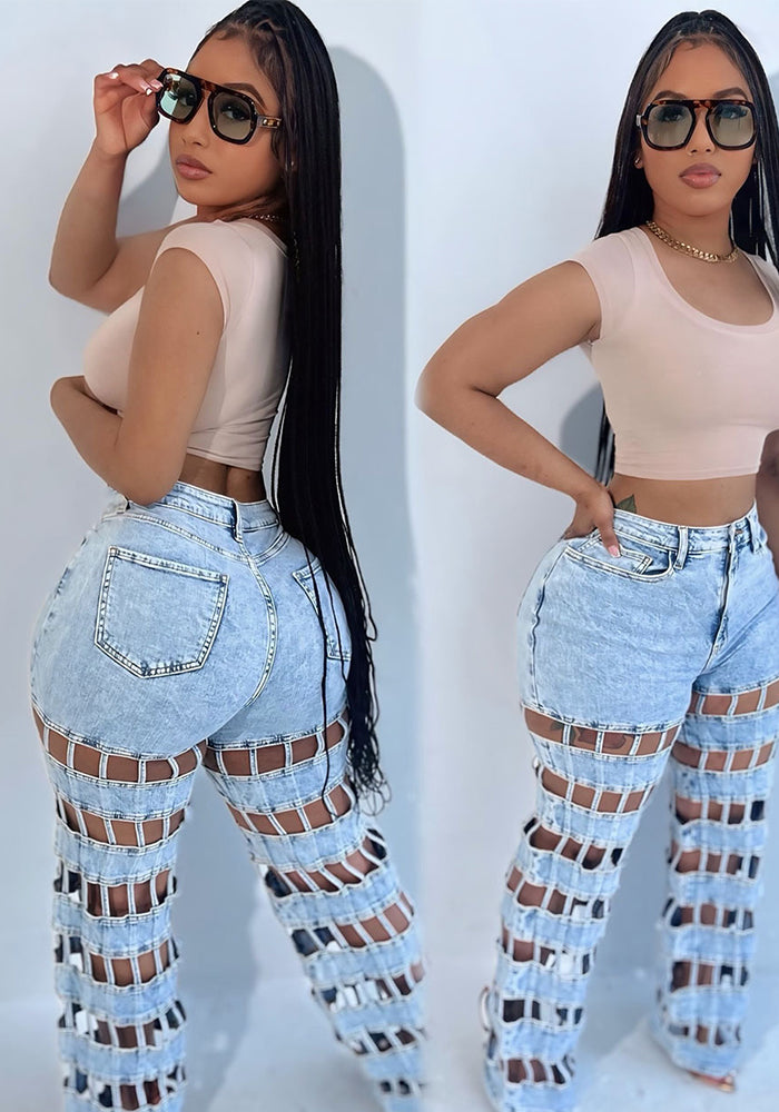 Women trendy hollow ripped checkered denim pants