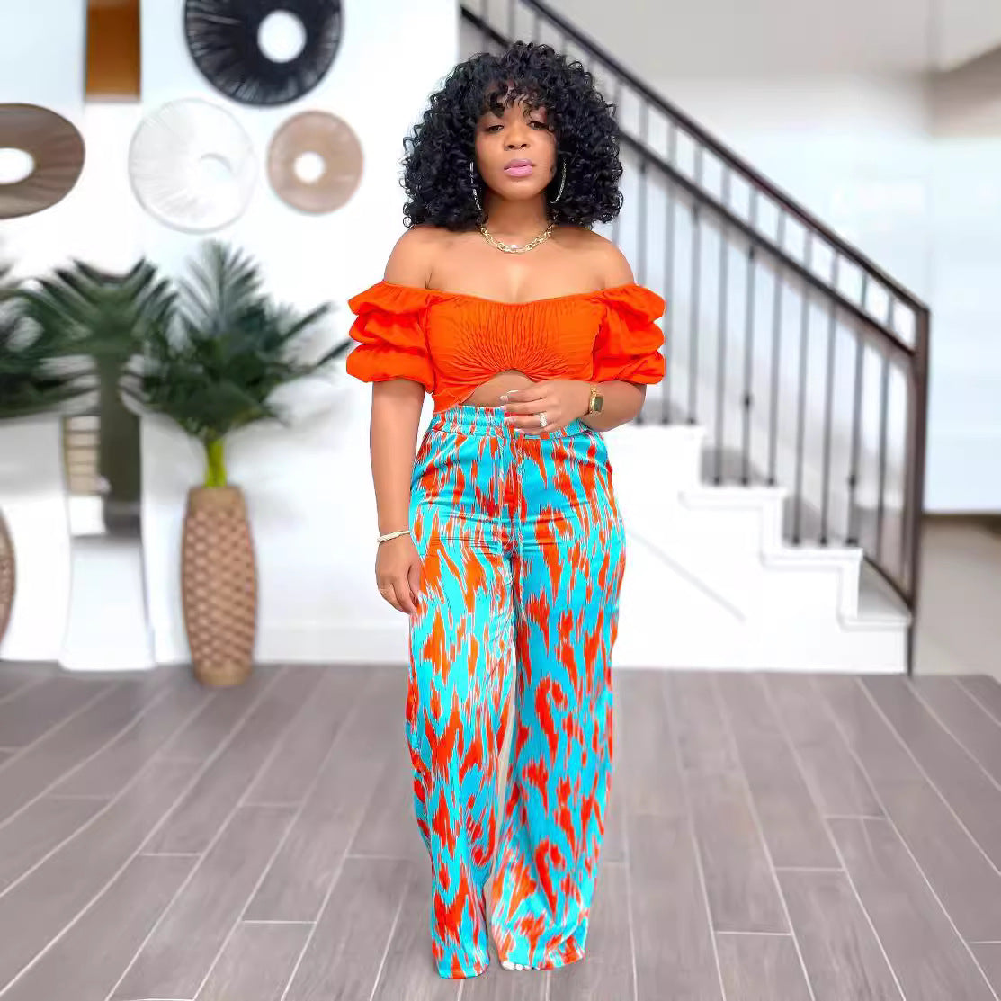 Women's loose Casual straight pants printed Chic elegant trousers 9