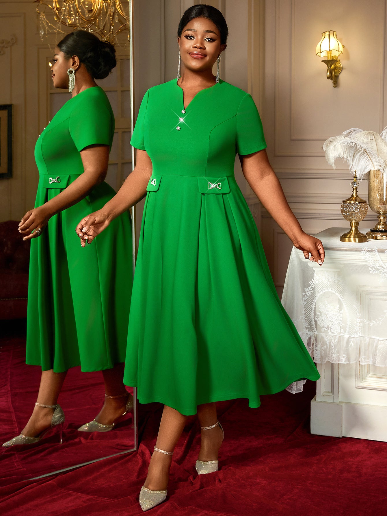 Plus Size V-Neck Short-Sleeve A-Line Formal Party Dress 4