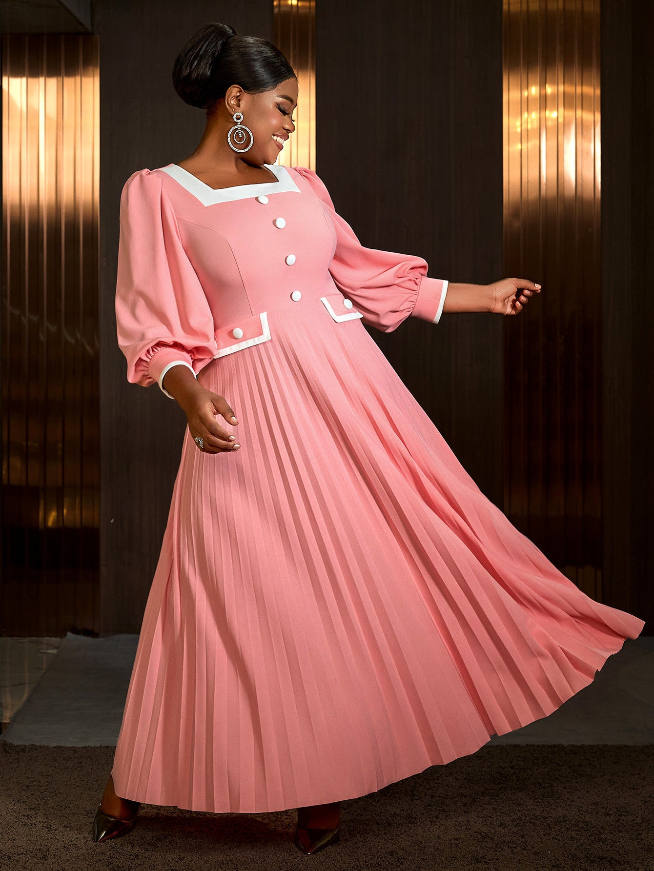 Women Square Neck Lantern Sleeve Formal Party High Waist Pleated Dress 5