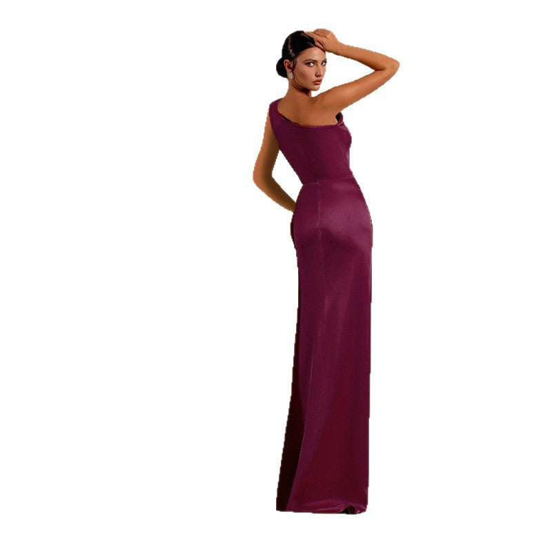 Women one-shoulder sexy slit satin dress dress 6