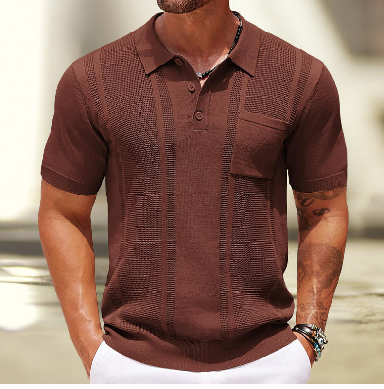 Men’s Polo Shirt Summer Solid Color Short-Sleeve Ribbed Knit Pullover Top 3