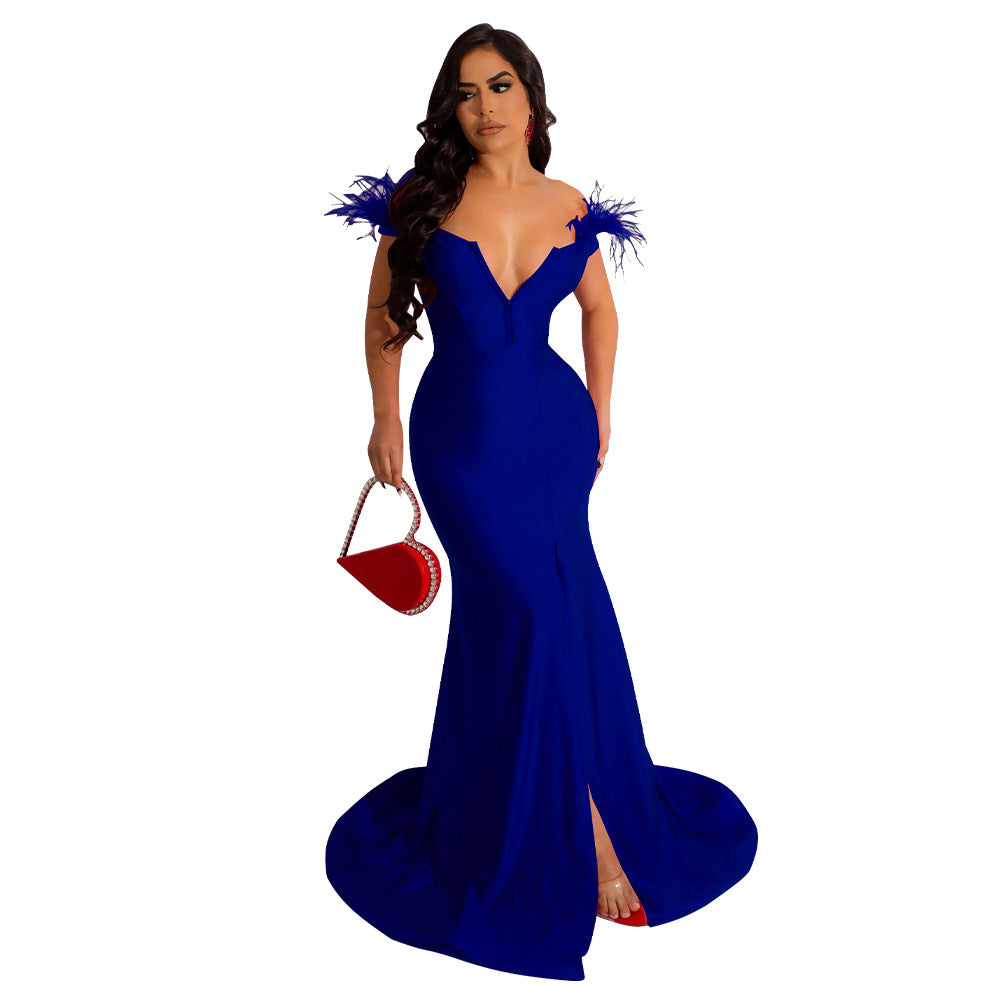 Women solid color v-neck sleeveless slit mermaid dress evening dress 11