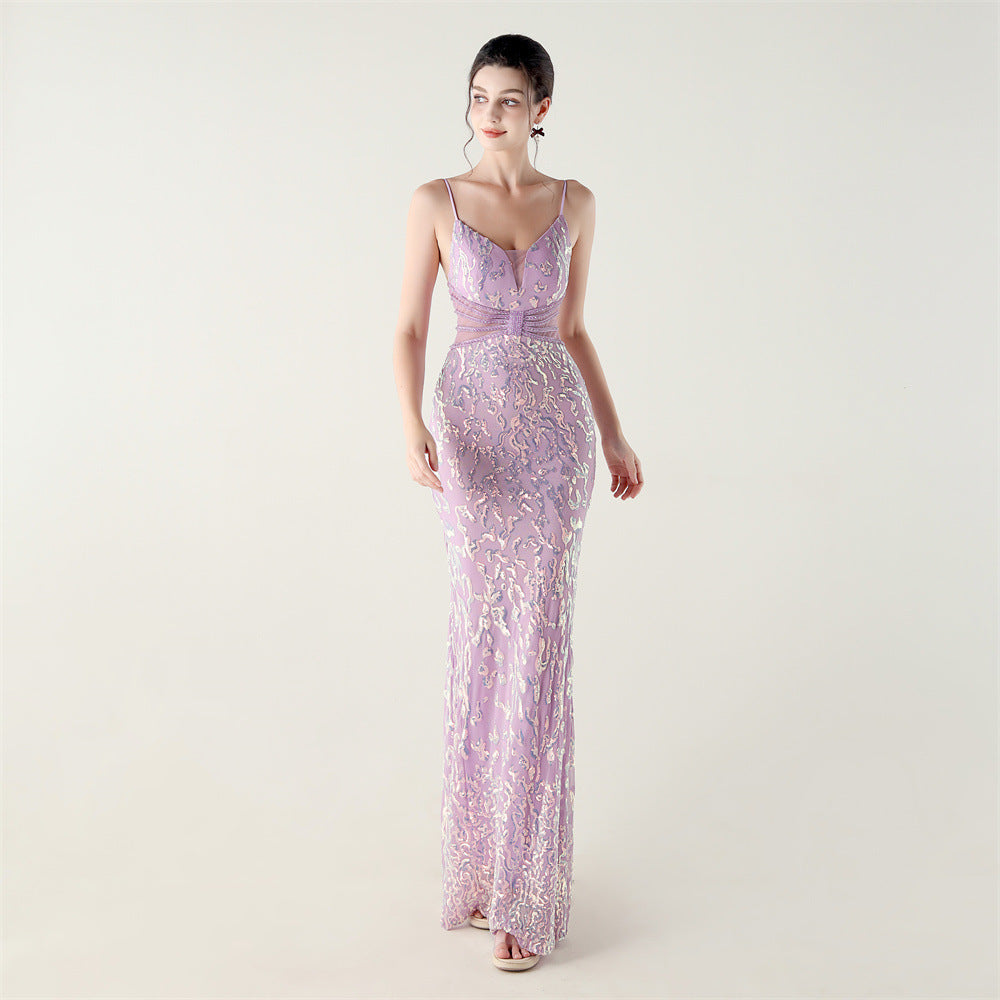 Women clothing V Neck sequins beaded hollow mesh off-shoulder Formal Party evening dress 12