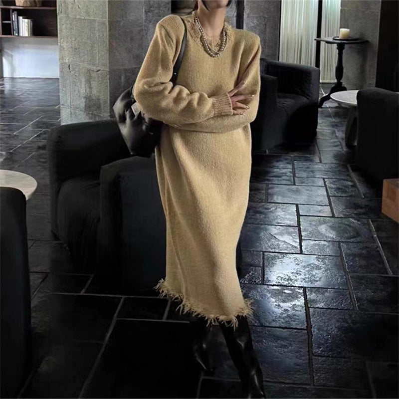 Long Ripped Raw Edge Knitting Dress Women's Autumn And Winter Loose Long Sleeve Basic Shirt