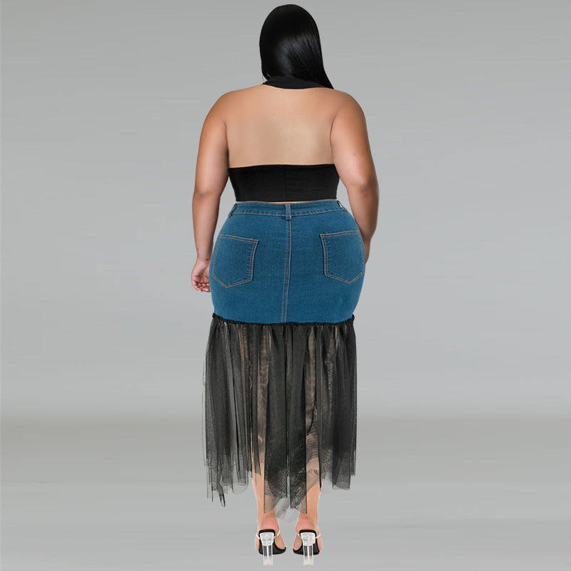 Plus Size Women's Denim Patchwork Mesh Skirt 3