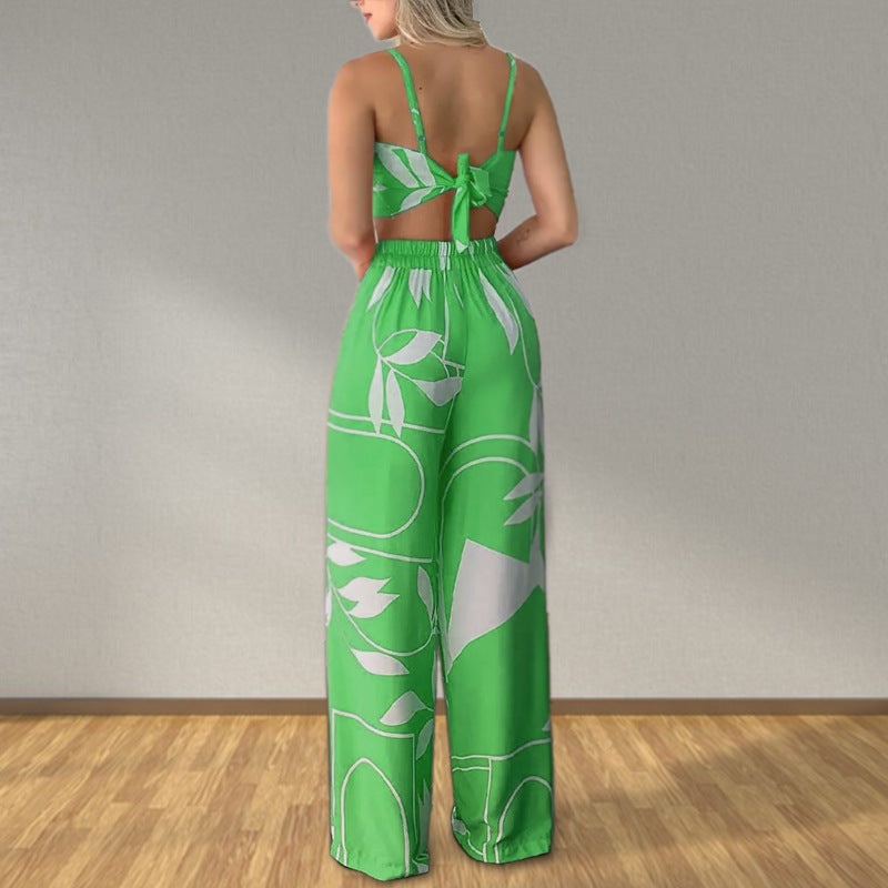 Women Summer Sexy Tube Top And Tie Loose Wide Leg Pants Print Two Piece Set 5
