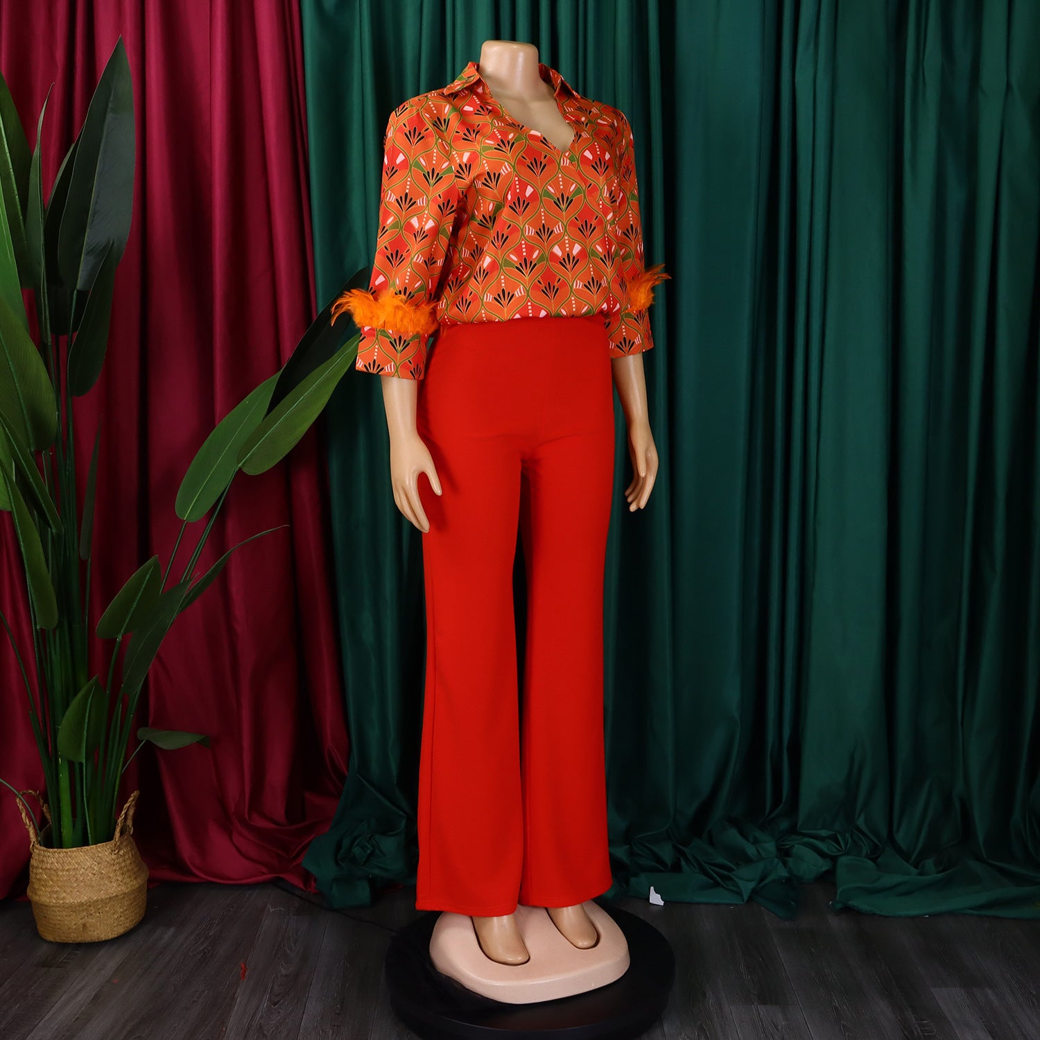 Women's Print Shirt Wide Leg Pants African Two-Piece Set 9