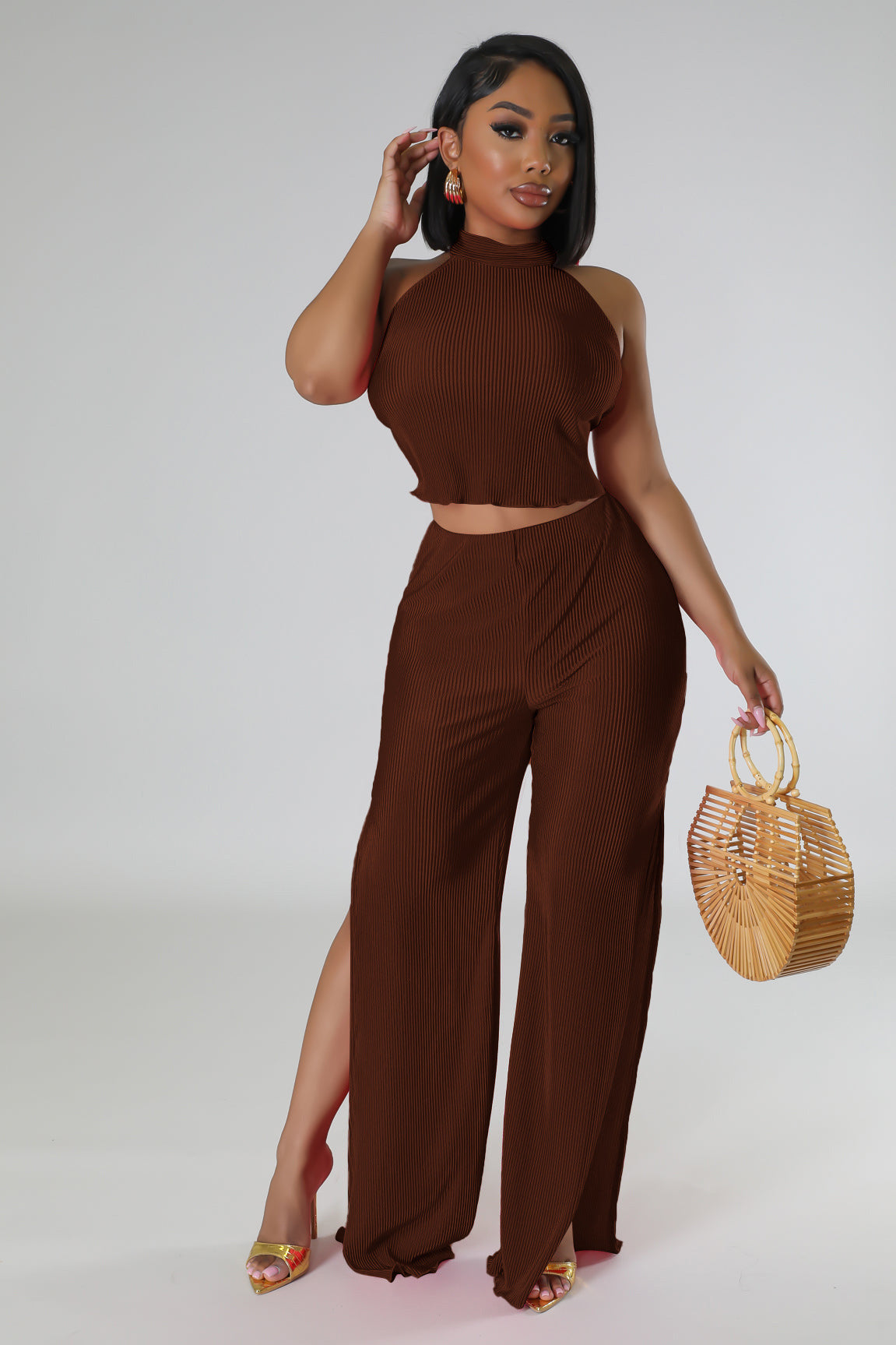Women Sexy Backless Crop Top and Split Pants Two-Piece Set 4