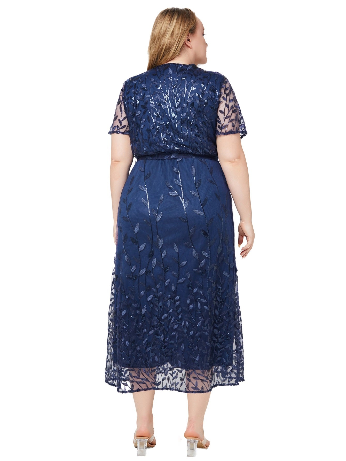 Plus Size Women Spring and Summer V Neck Short Sleeve Sequin Dress 6