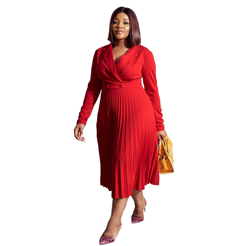 Women Solid Casual Pleated Shirt Dress 9