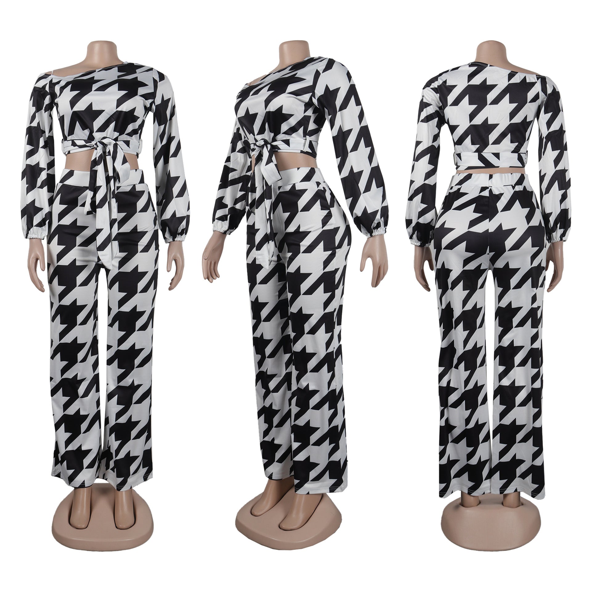 Women Printed Plaid Lace-Up Slash Shoulder Top and Pant Two-piece Set 9