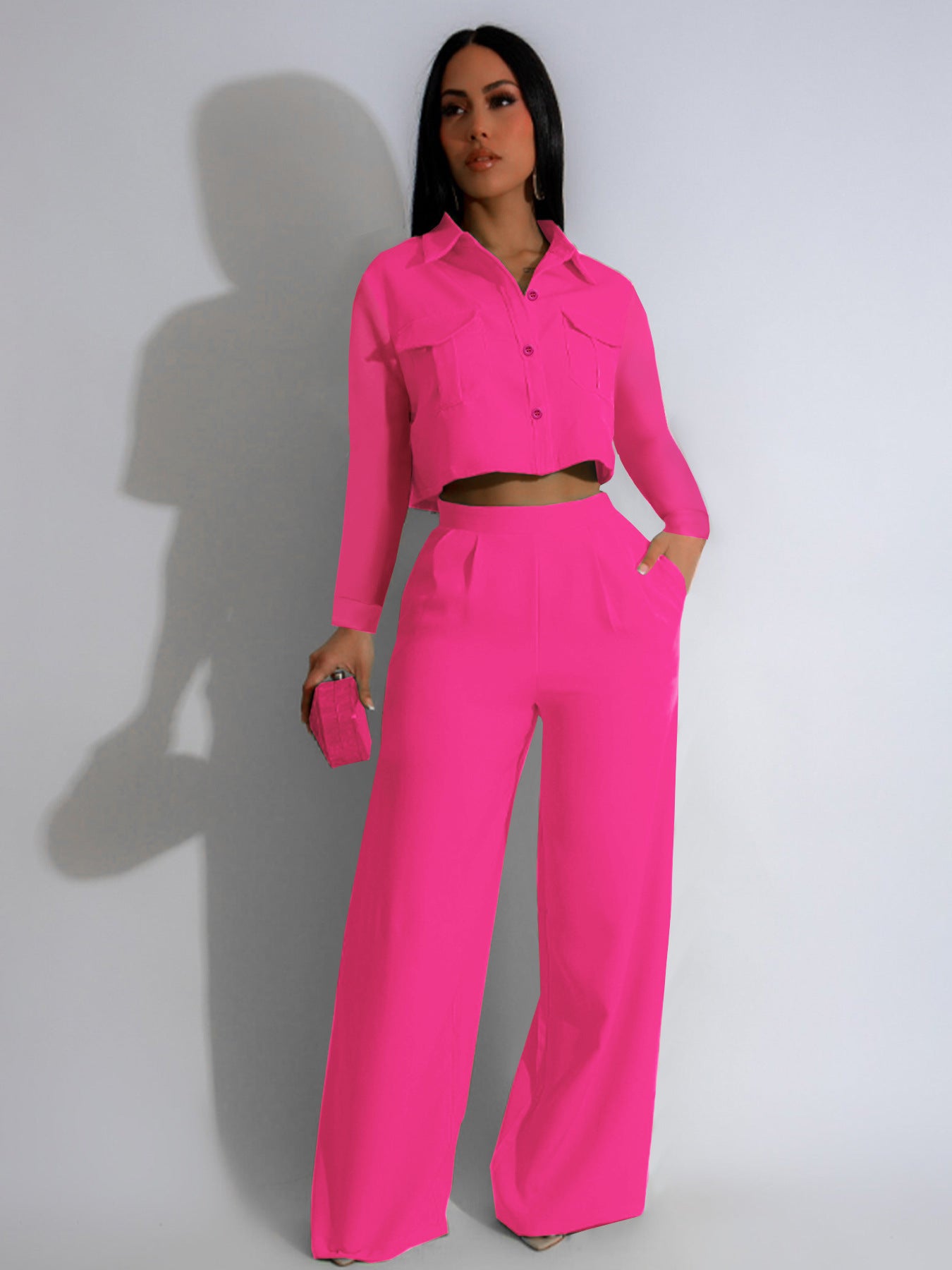 Women Fall Turndown Collar Long Sleeve Top and wide-leg pants Two Piece Set 8