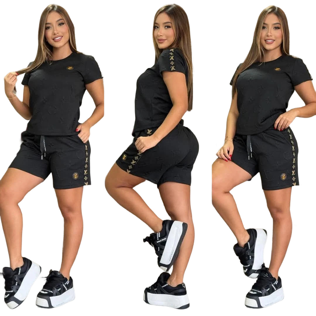 Women Jacquard Short Sleeve Top and Shorts Sports Two Piece Set 26