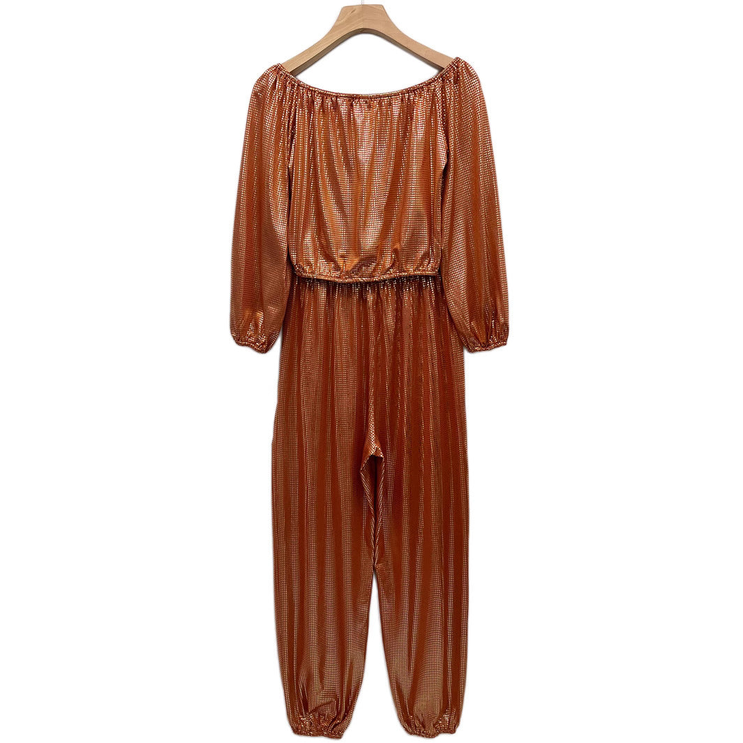 Women Shiny Stretchy Top and Pocket Pant Casual Two-piece Set