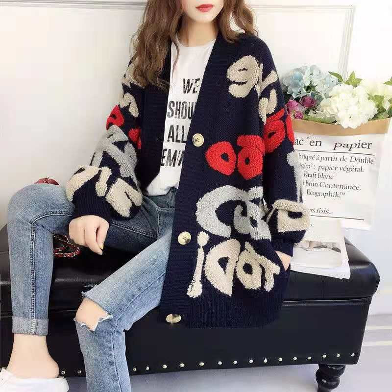 Women Fall and Winter Letter Contrast Color Loose Knitting Sweater Jacket 8