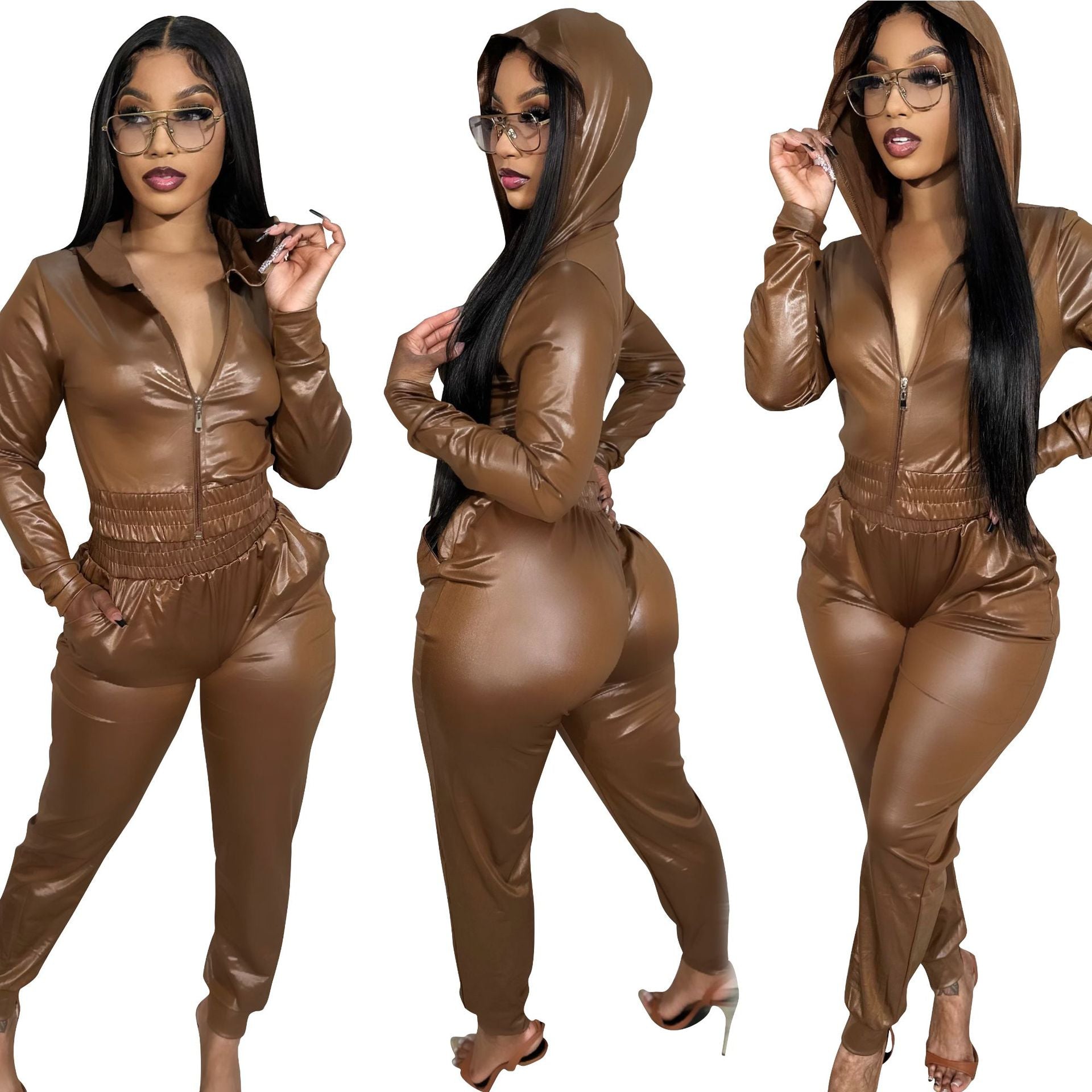 Women Casual PU-Leather Hooded and Pant Two-piece Set