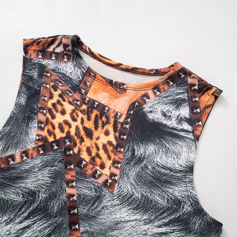 Women Autumn and Winter Leopard Print Sleeveless Crop Top and Shorts Two Piece Set 5