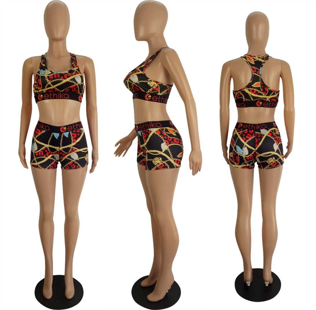 Women's Spring/Summer Slim Style Printed Sports Two-Piece Shorts Set 25