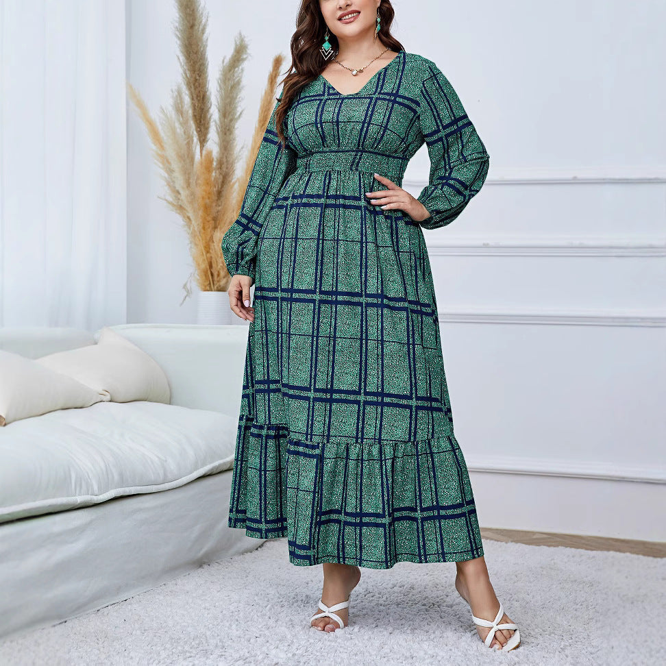 Spring And Autumn Loose High Waist Plaid Print Plus Size Dress 5