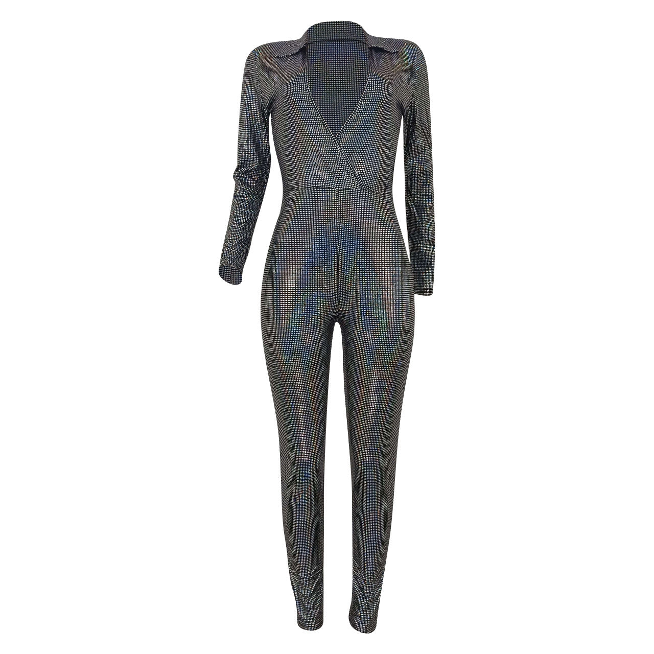 Women V Neck Shiny Jumpsuit 12