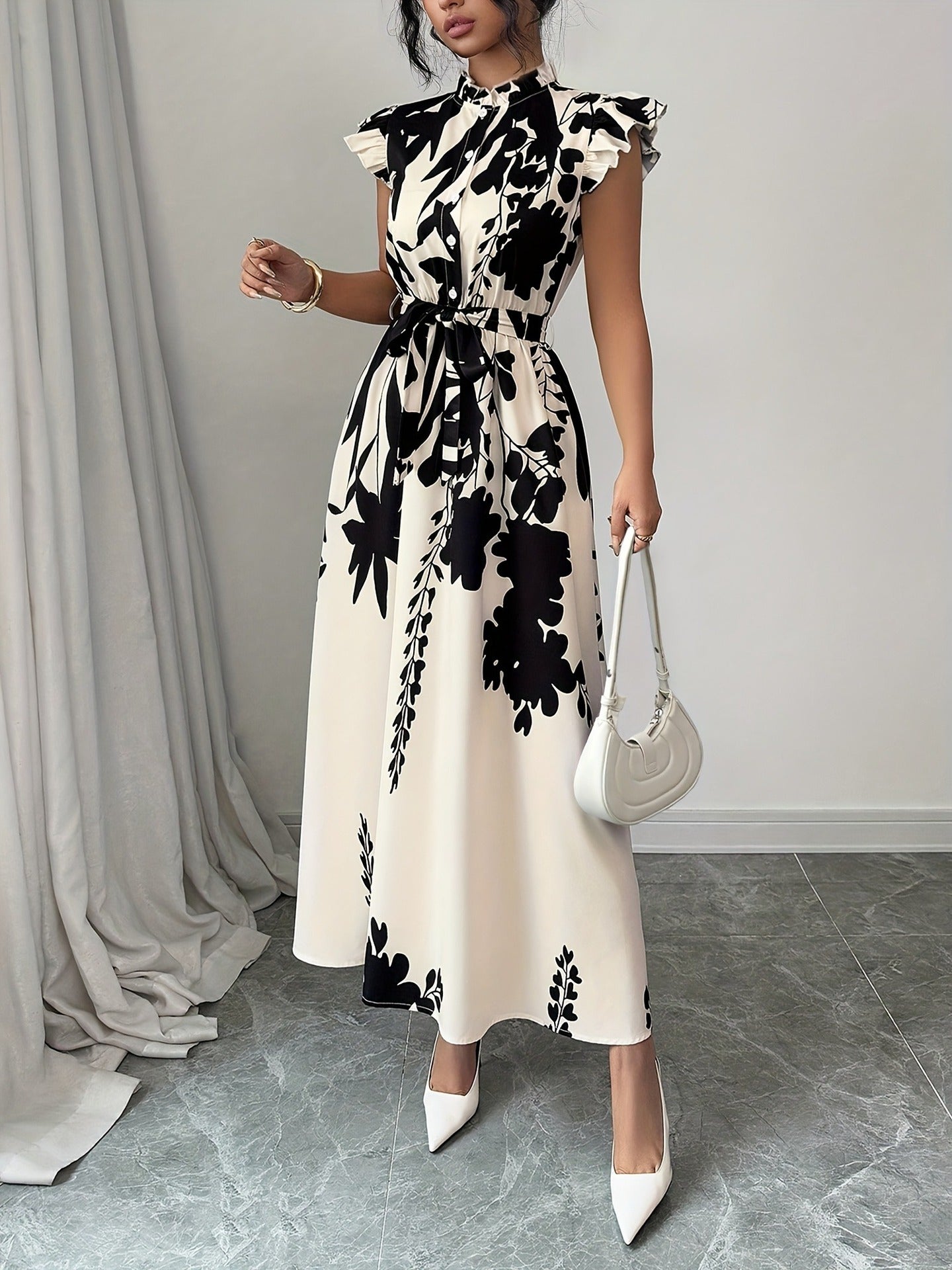 Women's Print Stand Collar Button-Down Ruffle Sleeves Slim Waist Belt Maxi Dress 9