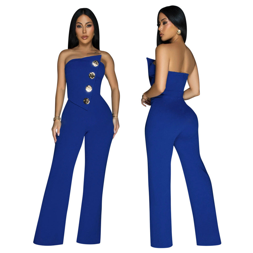 Solid Color Strapless Irregular Loose Wide-Leg Jumpsuit 3