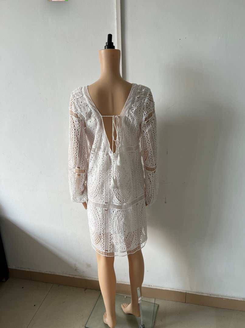 Spring/Summer Women's Lace Long-Sleeved V-Neck Solid Color Chiffon Dress 7