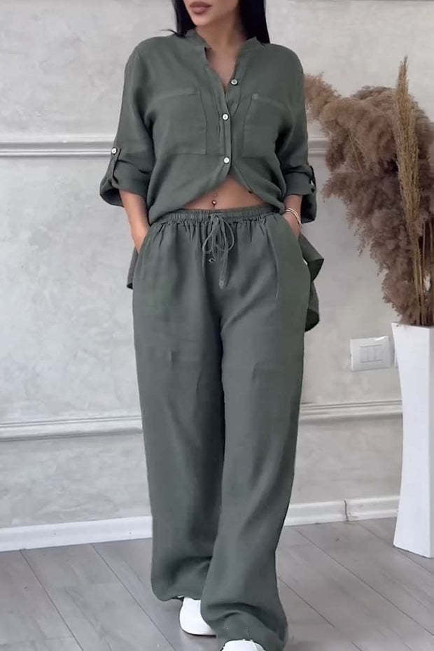Women Casual Solid Shirt Wide Leg Pants Two Piece Set 10