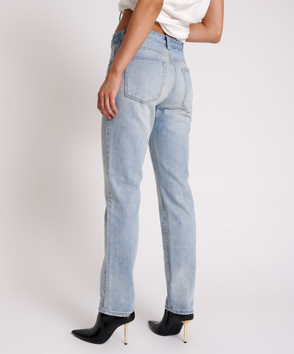 Women High Waist Washed Casual Style Denim Pants 4