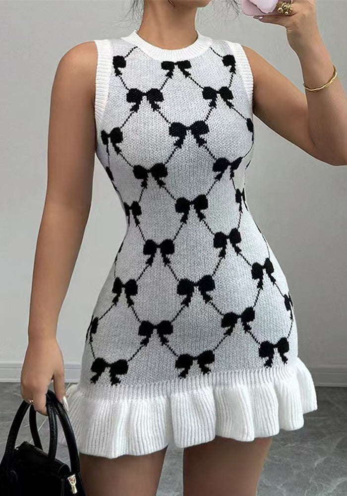 Women Summer Bow Jacquard Knitting Sleeveless Dress