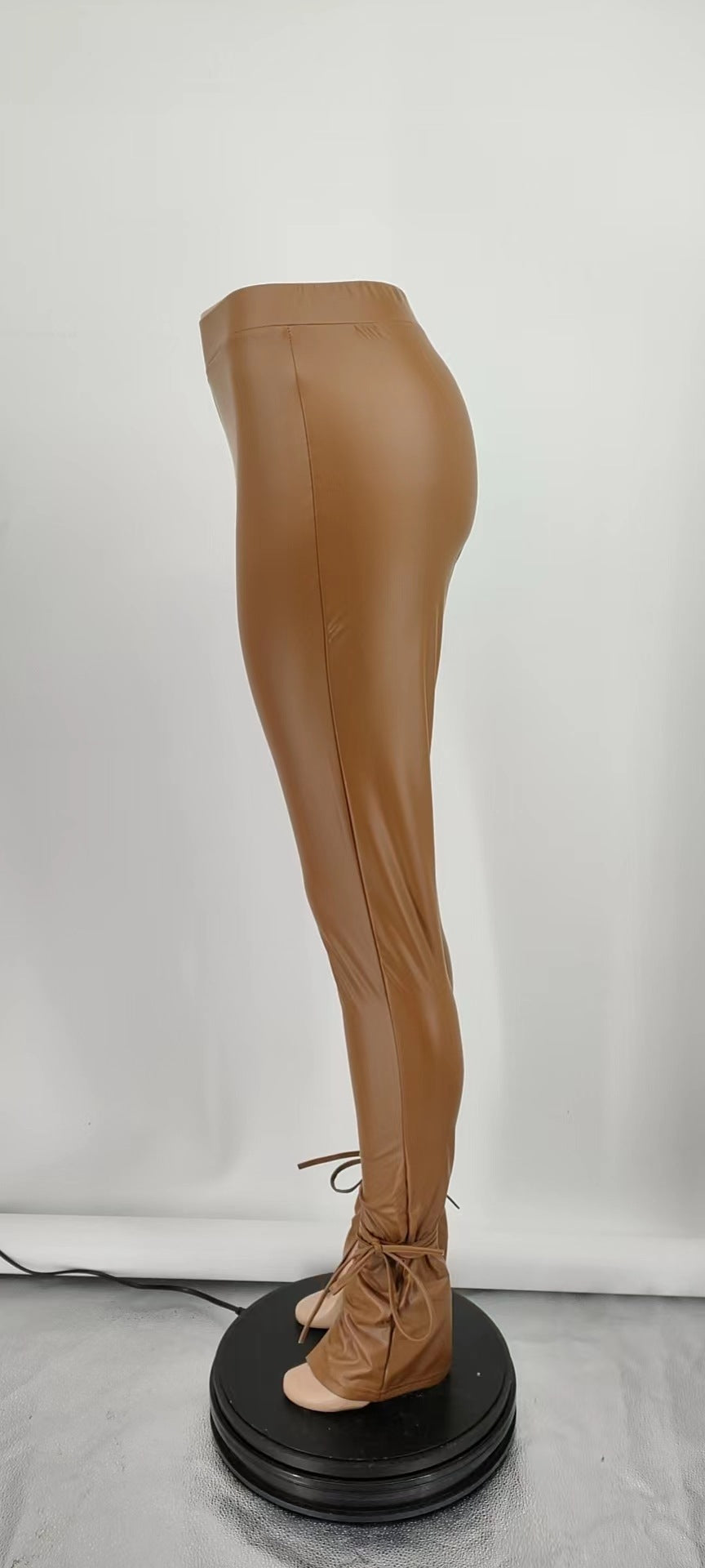 Women Fall Stretch Lace-Up Bell Bottom Side Slit Pu Leather Pants 12