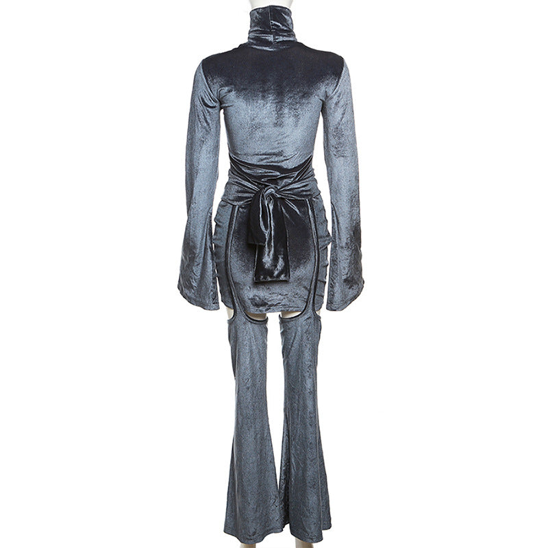 Autumn Women's Sexy Velvet Turtleneck Dress High Waist Straps Bell Bottom Pants Two Piece Set For Women 13