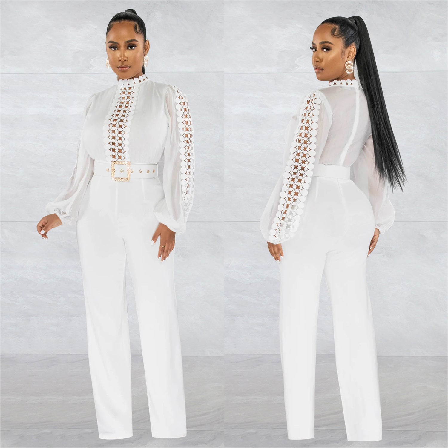 Women Belt Lace Cutout Solid Long Sleeve Jumpsuit 7