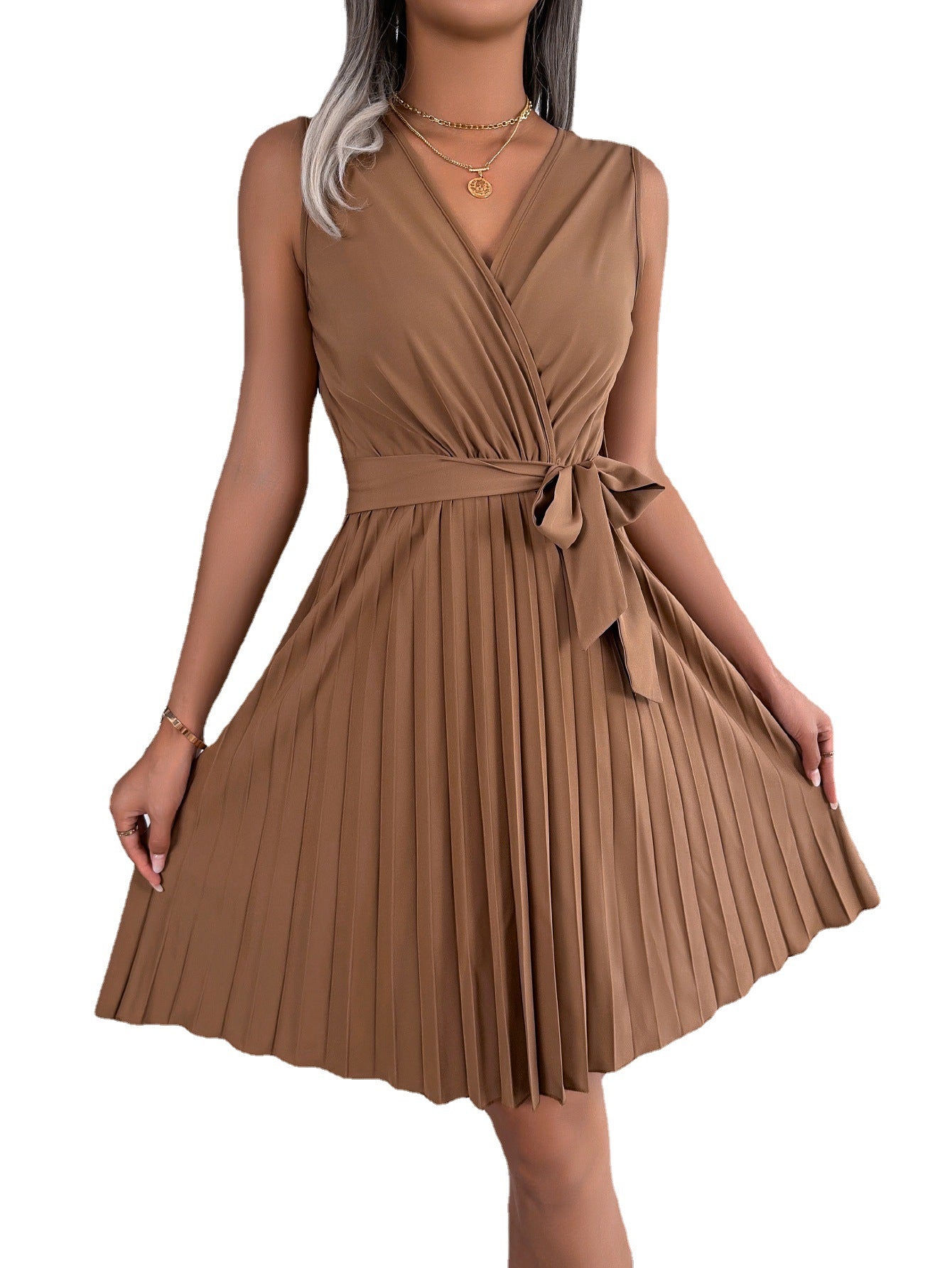 Spring/Summer Chic Crossover V-Neck Sleeveless Slim Waist Pleated Dress 8