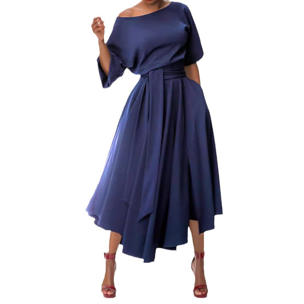 Women Slash Shoulder Lace-Up Chic Elegant Solid Irregular Dress