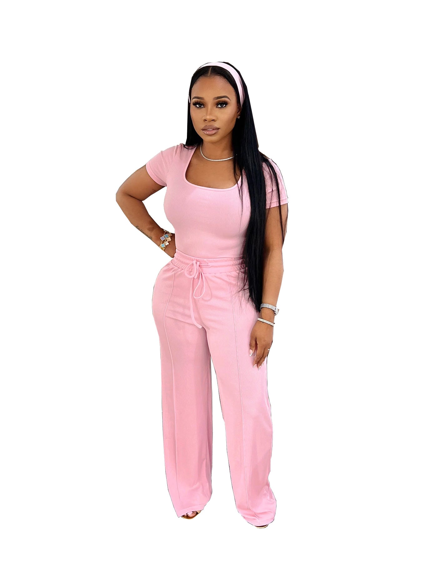 Women's summer Career fashion solid color square neck short sleeve top high waist wide leg Pants Casual Two Piece Set 7