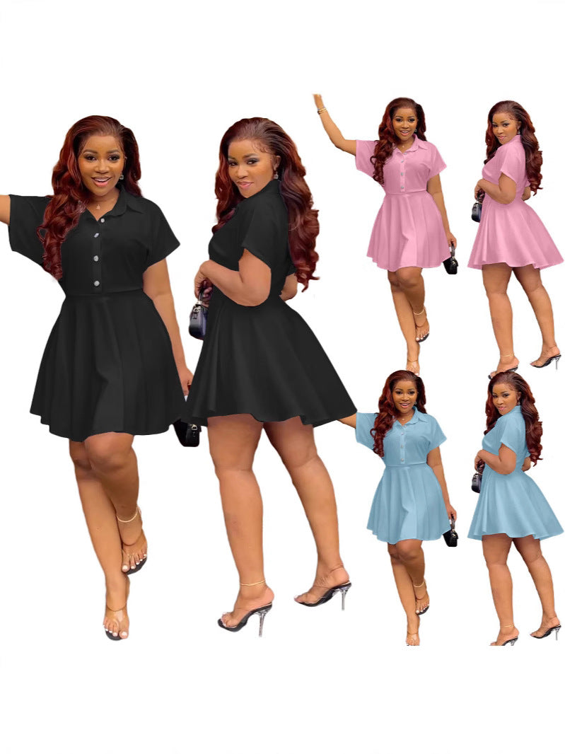 Women Casual Polo Neck Button Short Sleeve Dress Short Skirt Skirt Women Dress 8