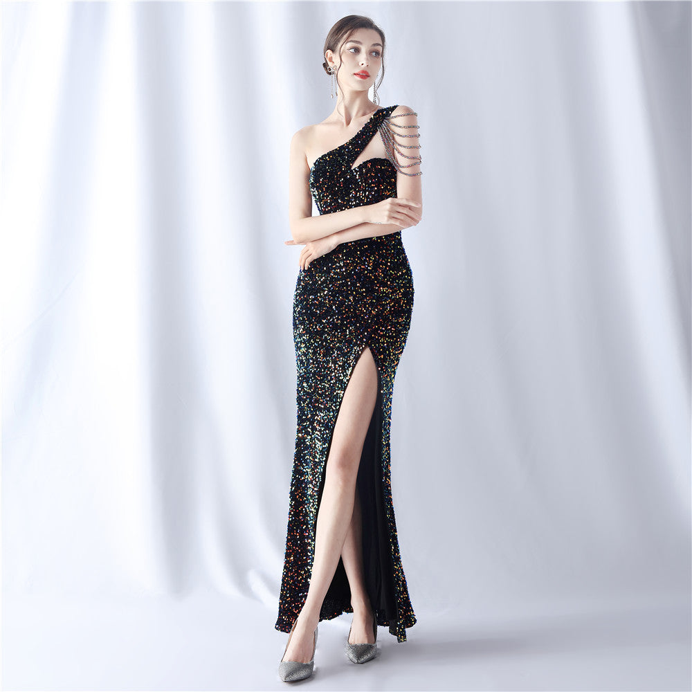 slash shoulder tassels Sequin Wedding Party gown Evening Dress 10
