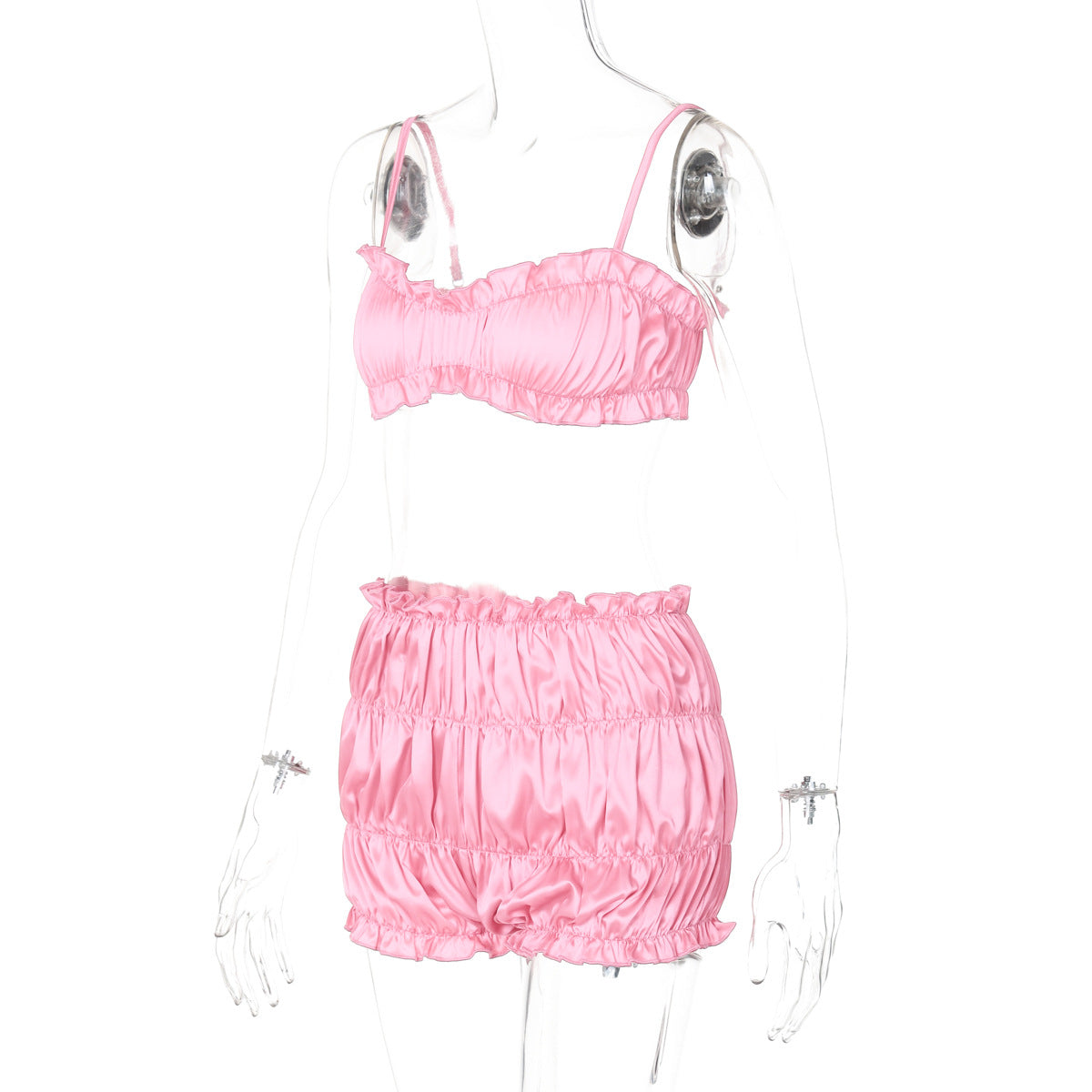 Women's Summer Fashion Sexy Strap Crop Top Pleated Shorts Two Piece Set 23