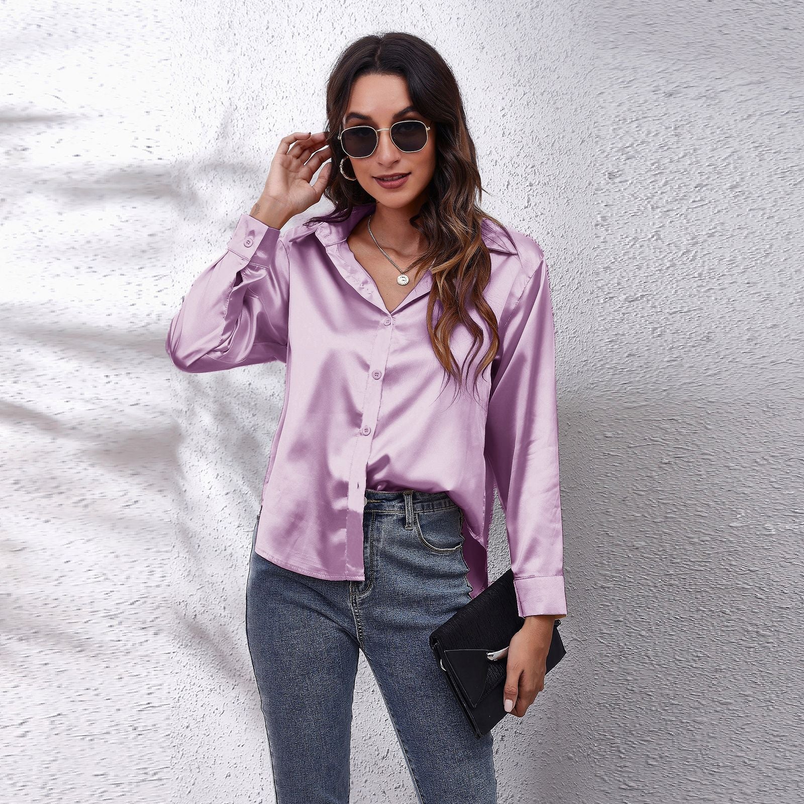 Women's Satin Silk Long Sleeve Shirt 13