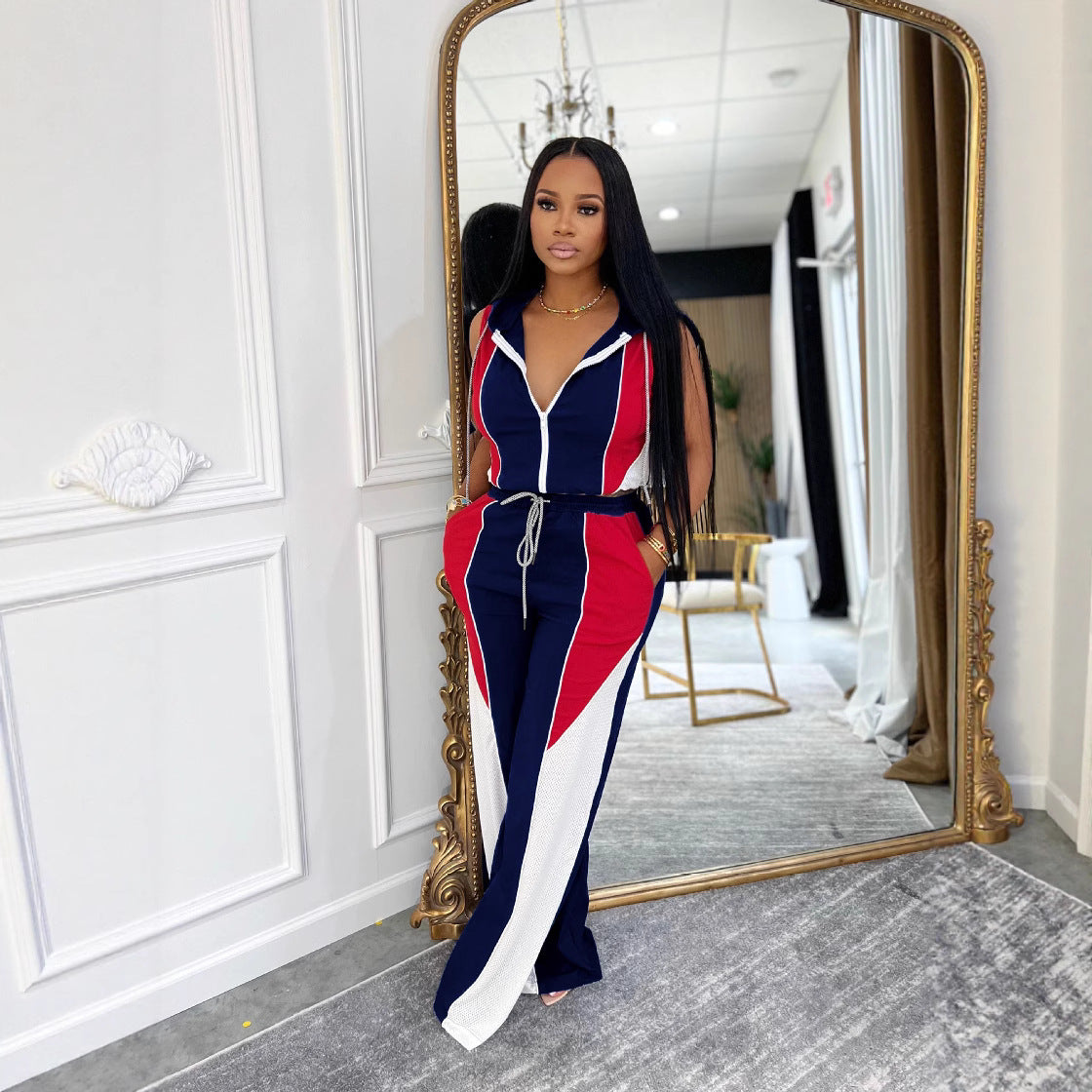 Women Patchwork hooded sleeveless top and trousers two-piece set