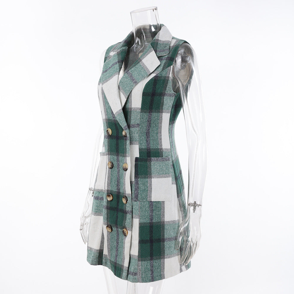 Women's Fashion Plaid Long Vest Turndown Collar Sleeveless Blazer 32